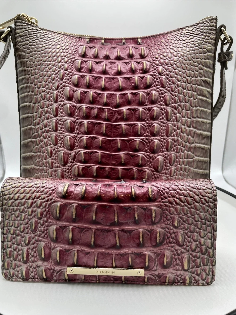 Brahmin Fig Jam Ombré Croc-Embossed Leather Crossbody with Matching Ady Wallet